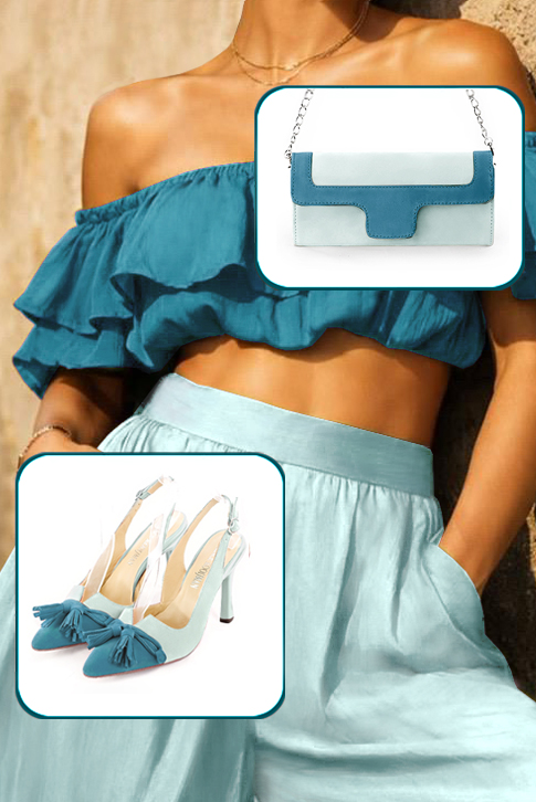 Women's peacock blue and aquamarine blue elegant slingback heels, with a bow on the front. Tapered toe. High spool heels - Worn view